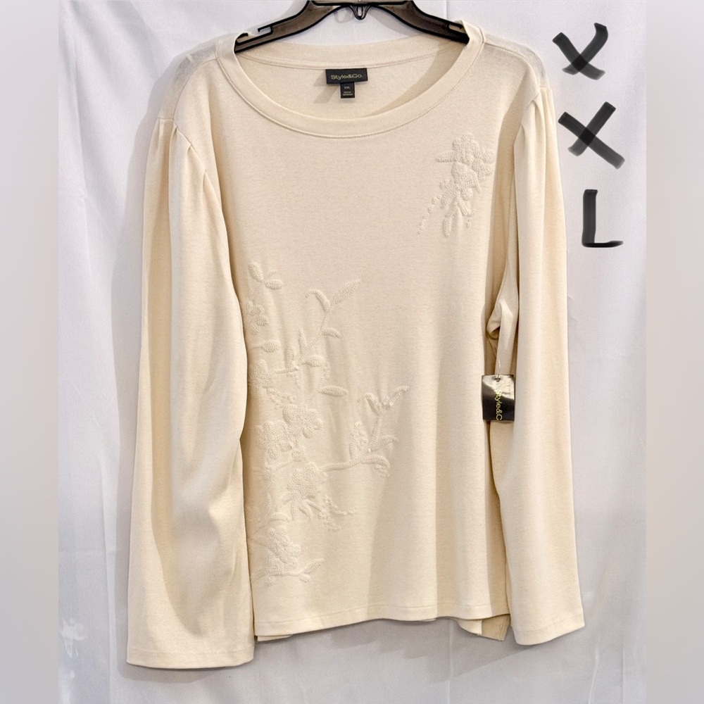 Style & Co. Beige Long Sleeve Top with Subtle Floral Embroidery